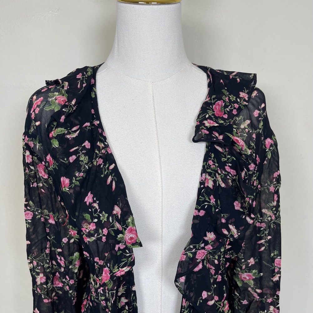 Vintage Paradise Plus Cardigan Women 1X Black Pink Floral Ruffle Tie Front Sheer - Picture 3 of 10